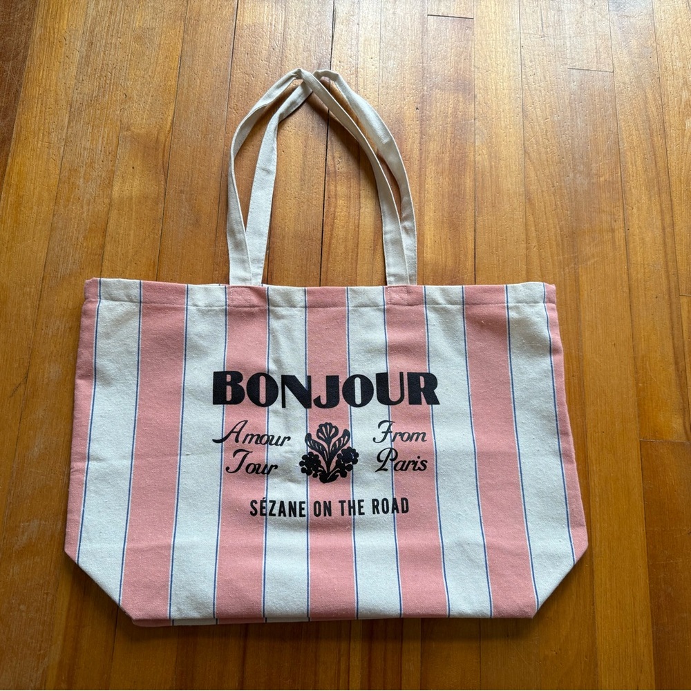 Sézane Pink and Cream Bonjour Tote Bag